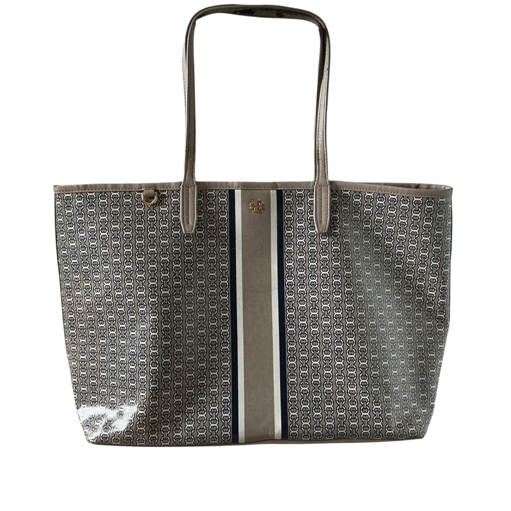 Tory Burch Gemini link large tote in grey coated canvas travel casual handbag